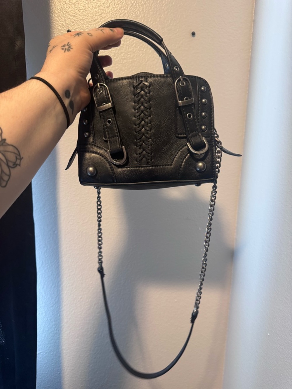 Zara Black Braided Accent Mini Satchel with Chain Strap